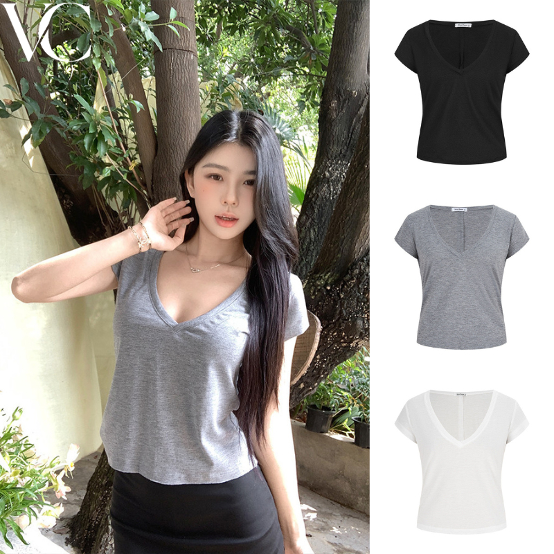 เสื้อยืดแขนสั้นทรงหลวมคอวีสำหรับผู้หญิง รุ่น พื้นฐาน หลากสี  เหมาะสำหรับใส่ในบ้านและชุดลำลอง Z10