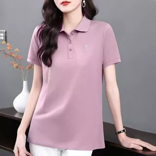 เสื้อยืดแขนสั้นผู้หญิง คอปกโปโล สไตล์ใหม่สำหรับฤดูร้อน ลำลอง ช่วยให้ดูผอมเพรียว เรียบง่าย ทันสมัย ​​และใช้งานได้หลากหลาย
