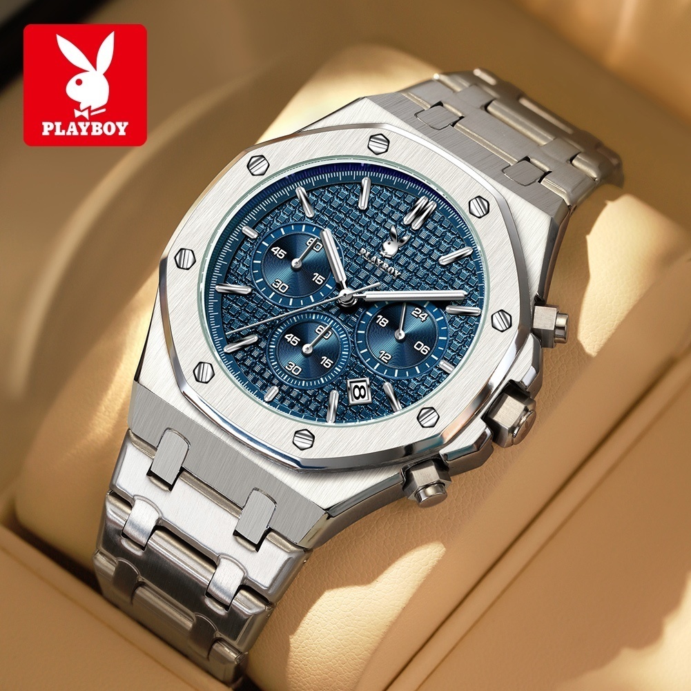 PLAYBOY ผู้ชาย นาฬิกา ควอตซ์ สายสเตนเลส อเนกประสงค์ วันที่ แสงกลางคืน สันทนาการ แฟชั่น 3526
