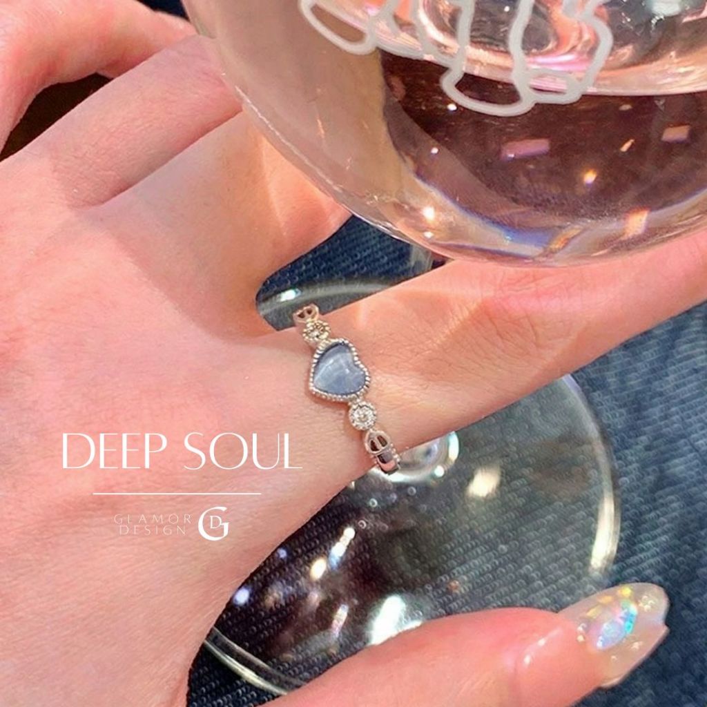 GLAMOR✨แหวนเงินแท้ Deep Soul แหวนตาแมวรูปหัวใจสีฟ้า แหวนเพชร แหวนแฟชั่น แหวนปรับขนาดได้ แหวนผู้หญิง