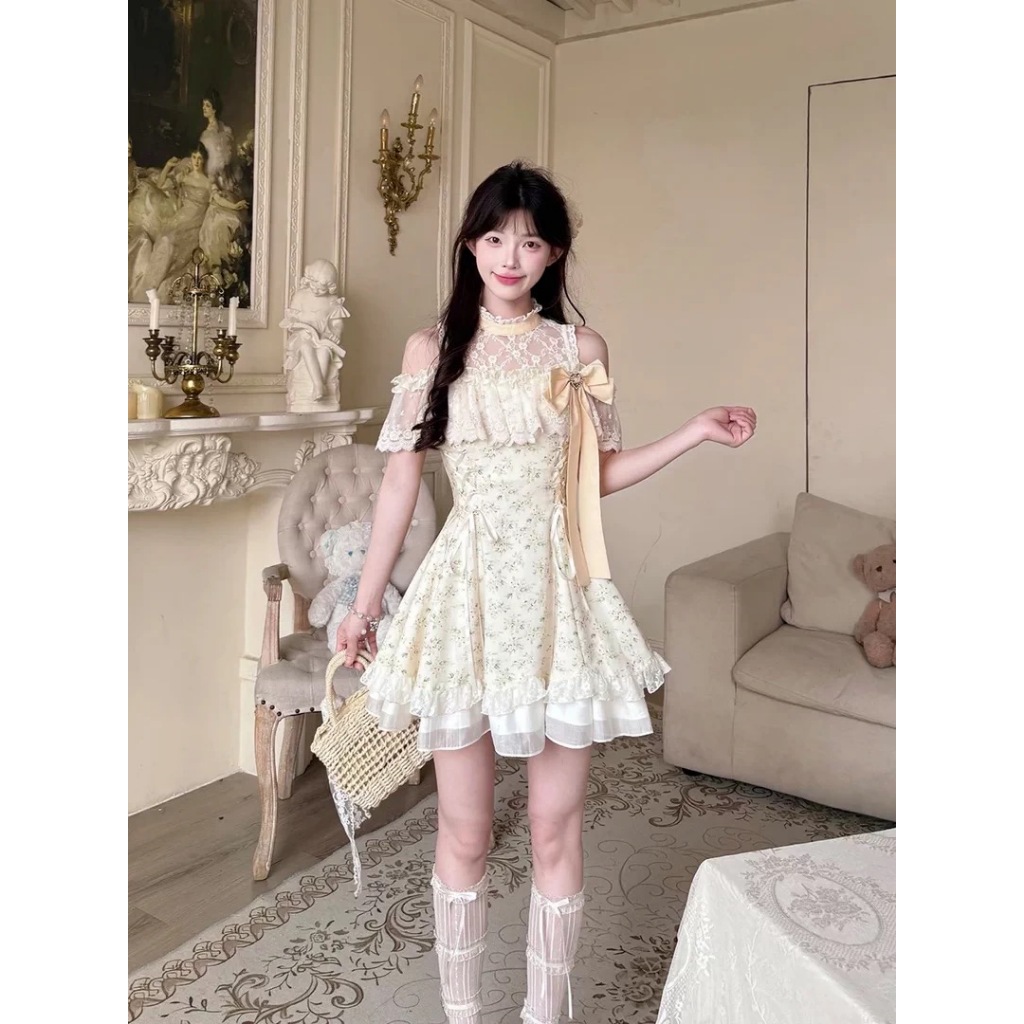 หวานดอกไม้ลูกไม้ Halter ชุดชัดเจน Tie สไตล์เจ้าหญิง Midi กระโปรงถักผ้าไม่มีแขนเจ้าหญิงแขนชุดสบายใจ