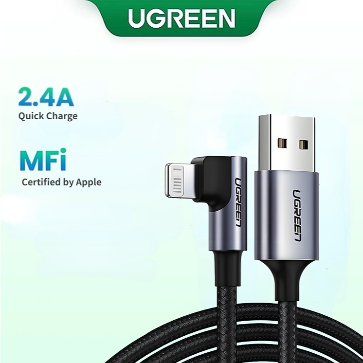 UGREEN มุมขวา 90 องศา MFI USB to L 2.4A Cable Nylon Braided Fast Power Delivery Cable สําหรับ iPhone 14 13 12 11 8 Pro