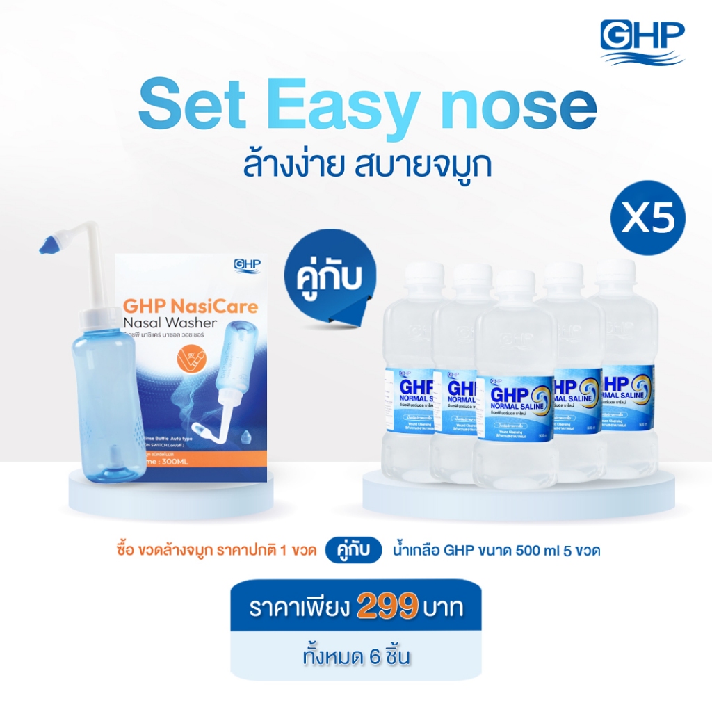 Set Easy nose ล้างง่ายสบายจมูก [น้ำเกลือ GHP ขนาด 500ml คู่กับ ขวดล้างจมูก GHP Nasi CareNasalWasher]