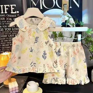 Babyonline(Y542)I6H6 (ส่งด่วน1วัน)ชุดเซ็ตเสื้อแขนกุดกางเกงขาสั้นสำหรับเด็กผู้หญิง ผ้าฝ้าย ระบายอากาศ