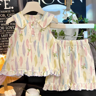 Babyonline(Y542)I6H6 (ส่งด่วน1วัน)ชุดเซ็ตเสื้อแขนกุดกางเกงขาสั้นสำหรับเด็กผู้หญิง ผ้าฝ้าย ระบายอากาศ
