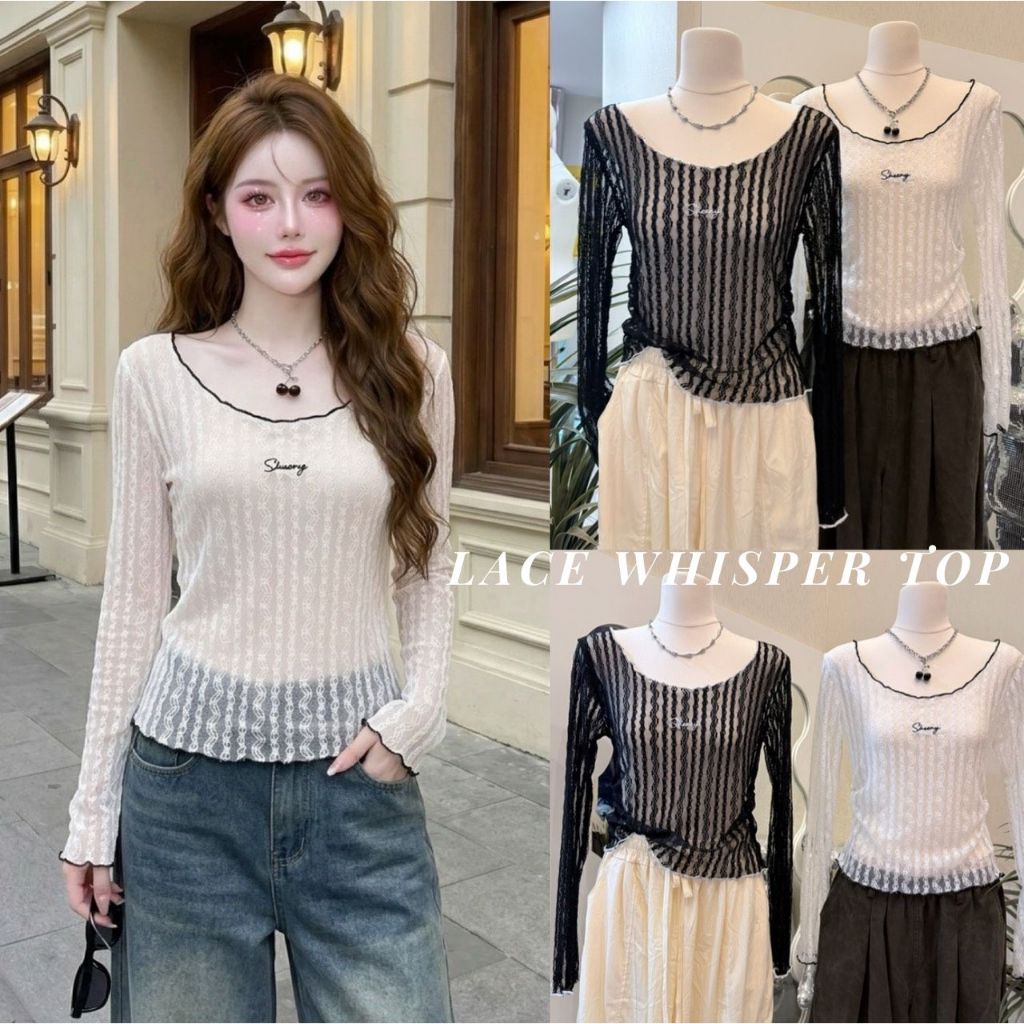Lace Whisper- เสื้อคอกลมแขนยาวผ้าลูกไม้ เสื้อลูกไม้แขนยาว สาวอวบใส่ได้งานปักเดินเส้นด้าย ซีทรู สงกรานต์ Sheeny (S052)