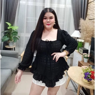 A-05เสื้อฉลุลูกไม้ชายวีจั๊มใต้อกแต่งโบว์