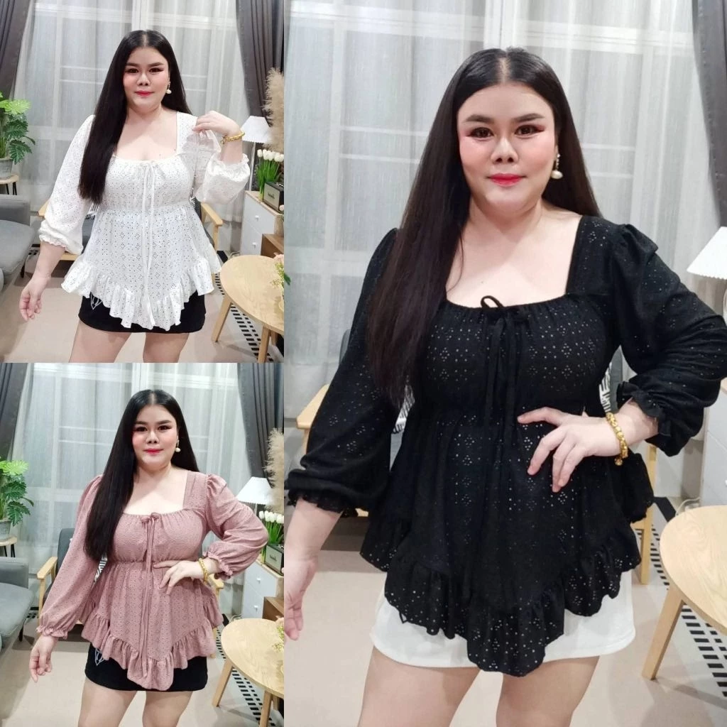 A-05เสื้อฉลุลูกไม้ชายวีจั๊มใต้อกแต่งโบว์