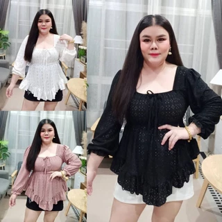 A-05เสื้อฉลุลูกไม้ชายวีจั๊มใต้อกแต่งโบว์