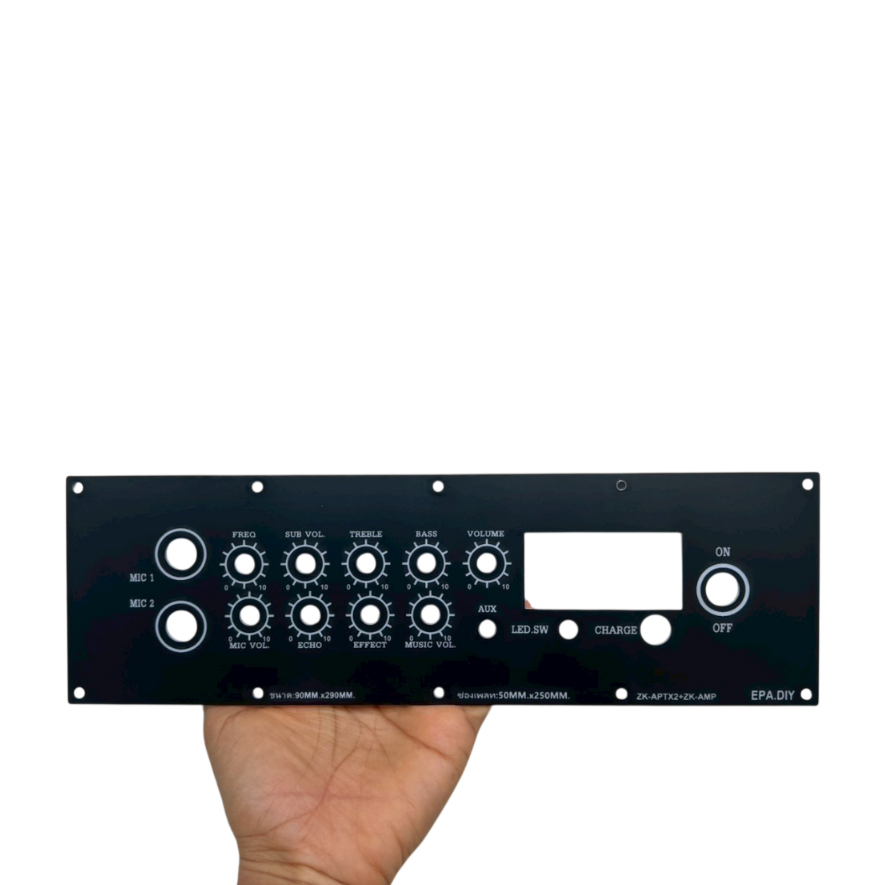 เพลทลำโพงบลูทูธรุ่น ZK-APTX2+ZK-AMP ขนาด90x290mm.ช่องวางอุปกรณ์50x250mm.แสง LED ผ่านได้