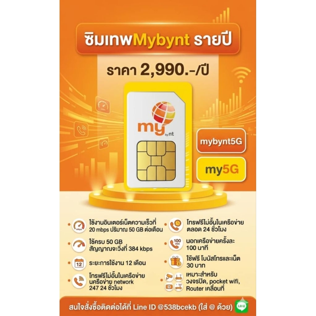 ซิมเทพ my by NT (mybynt) ความเร็ว 20Mbps ปริมาณ 50GB เป็นแพ็กเกจเน็ตรายปี