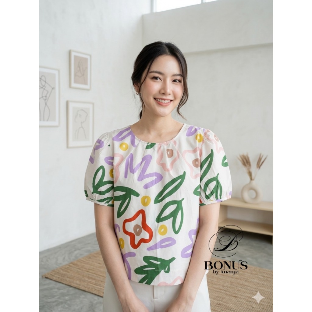 เสื้อคอกลมแขนตุ๊กตา  ผ้าคอตตอลญี่ปุ่น🇯🇵 100% ป้ายBonus by Ananya 742569