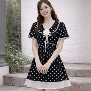 (เผื่อไซส์)พร้อมส่ง🇹🇭 Luna Polkadot Dress [รหัสLP8] เดรสชีฟอง(มีซับใน)ลายจุดสีดำ แถมดอกกุหลาบสีขาว ชุดยาว33นิ้ว