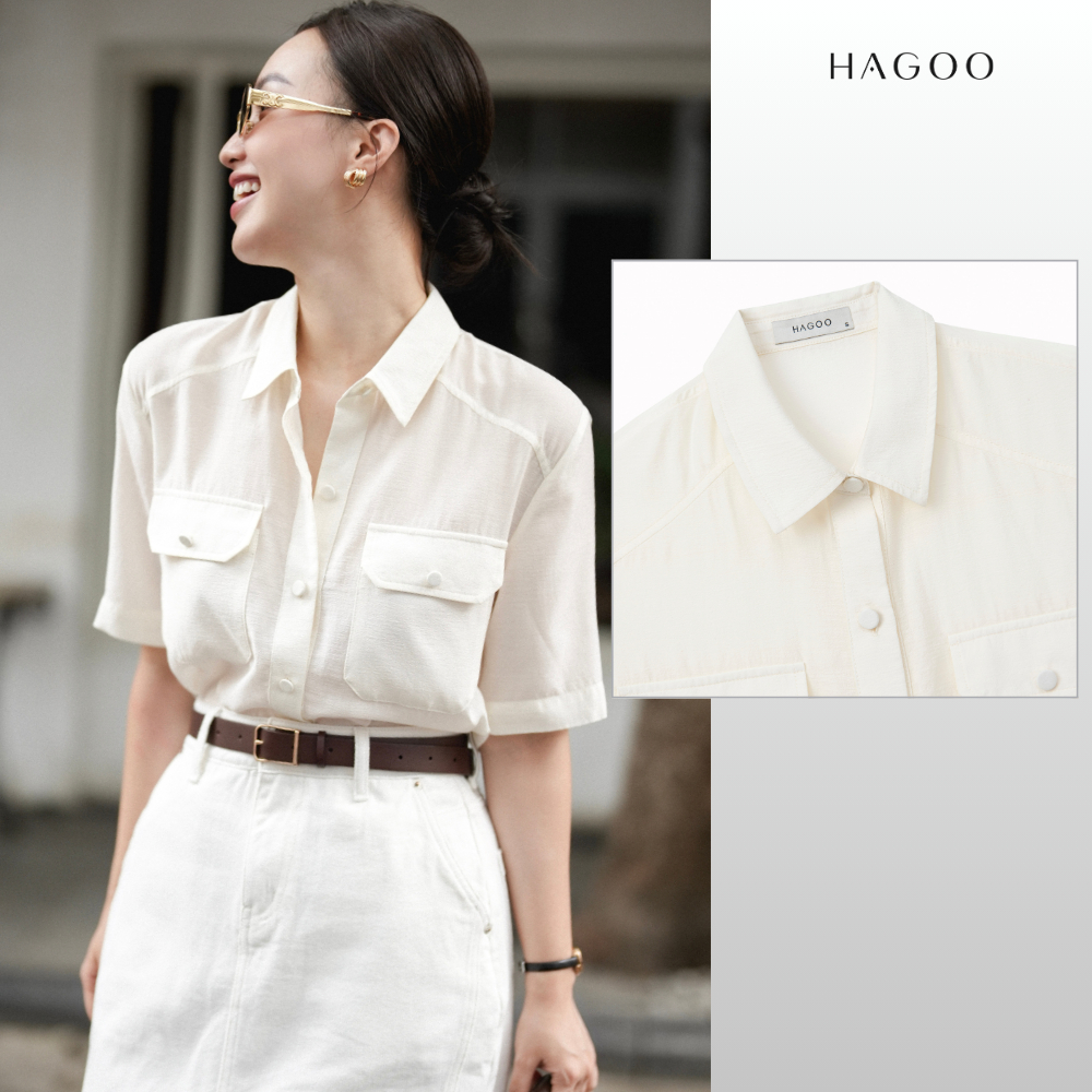 HAGOO เสื้อเชิ้ตผู้หญิง แขนสั้น มีกระเป๋า ผ้าชีฟอง ลุคทำงานมินิมอล [A8123]