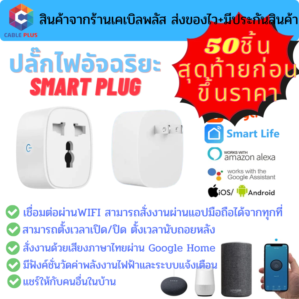 ปลั๊กไฟอัจฉริยะ Smart socket Tuya เชื่อมต่อผ่านwifiสั่งงานระยะไกลผ่านมือถือรองรับระบบ Google Home