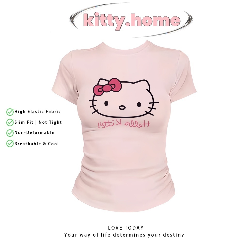 ส่ง24ชั่วโมง✨ เสื้อยืดผู้หญิง ลาย Hello Kitty ทรงกระชับ คอวงกลม แขนสั้น ผ้าคอตตอน ใส่สบาย ไซส์ M-4XL
