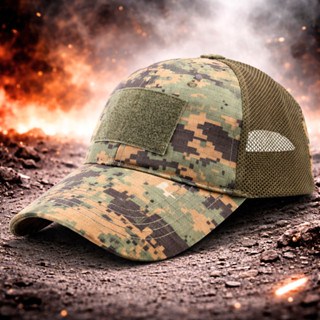 V2 หมวกแก๊ปทหาร ตีนตุ๊กแก หมวกแก๊ปลายพราง แบบมีรูระบายอากาศ