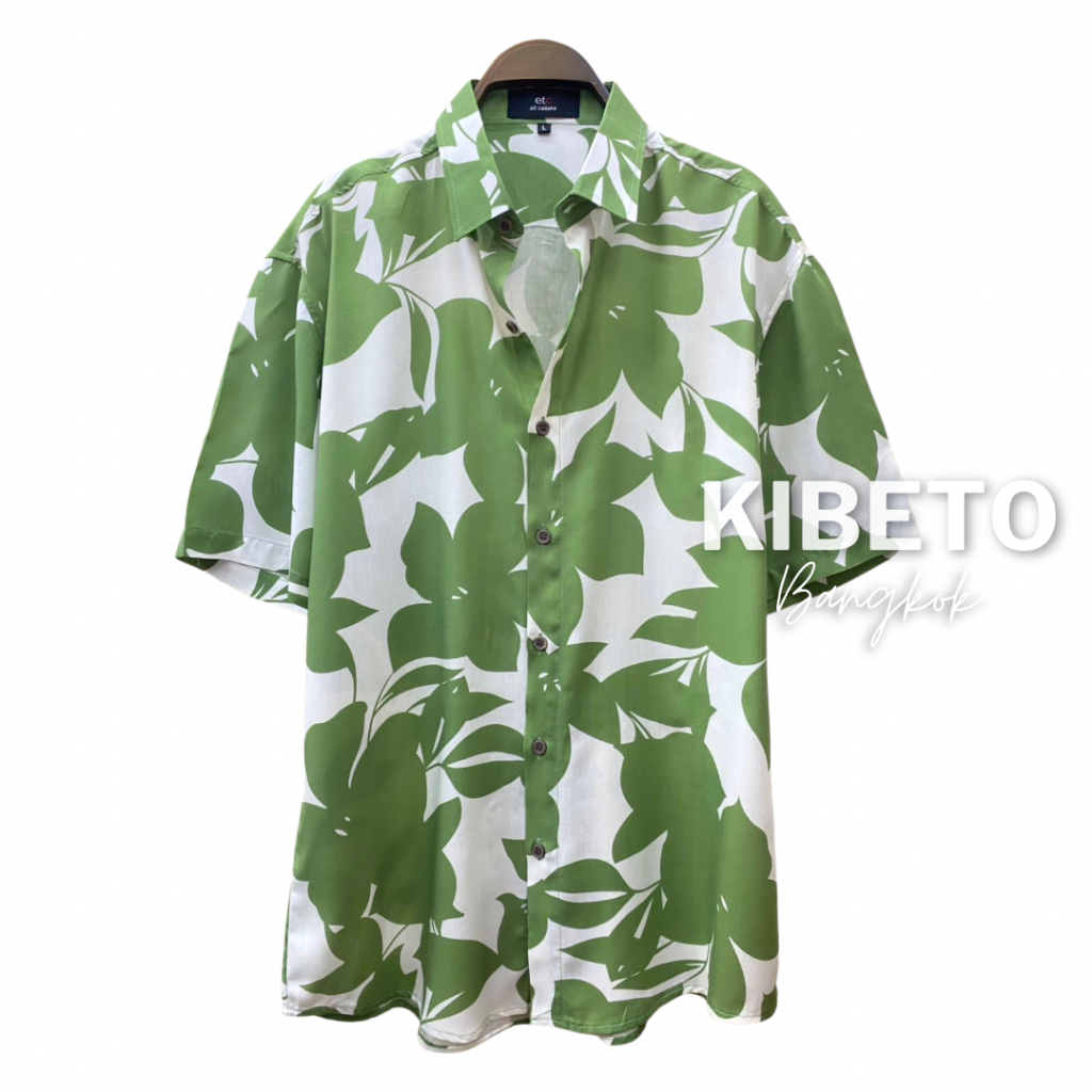 Kibeto เสื้อฮาวาย ลายกลีบดอกไม้ สีเขียว ผ้าสปันเรยอน ผ้านิ่ม ใส่สบาย M L XL 2XL 3XL