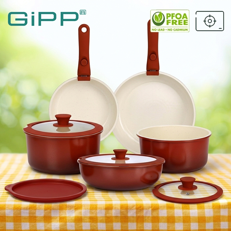 GIPP ชุดเครื่องครัวเซรามิค ชุดกระทะ กระทะเคลือบหินอ่อน 11ชิ้น ไม่ติดกทำความสะอาดง่าย ใช้ได้กับเตาทุกประเภท ด้ามถอดได้ก