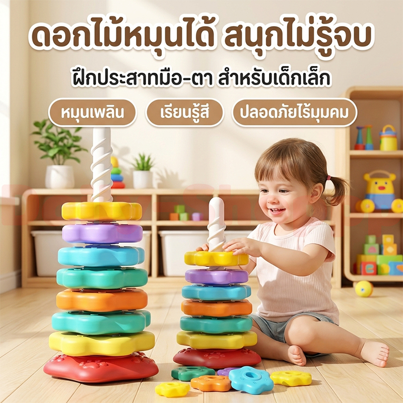บล็อกตัวต่อ สีรุ้ง ห่วงเจดีย์สวมหลัก หมุน รูปหอคอย ของเล่นเสริมพัฒนาการเด็ก ฝึกหยิบจับ ห่วงเรียงซ้อน