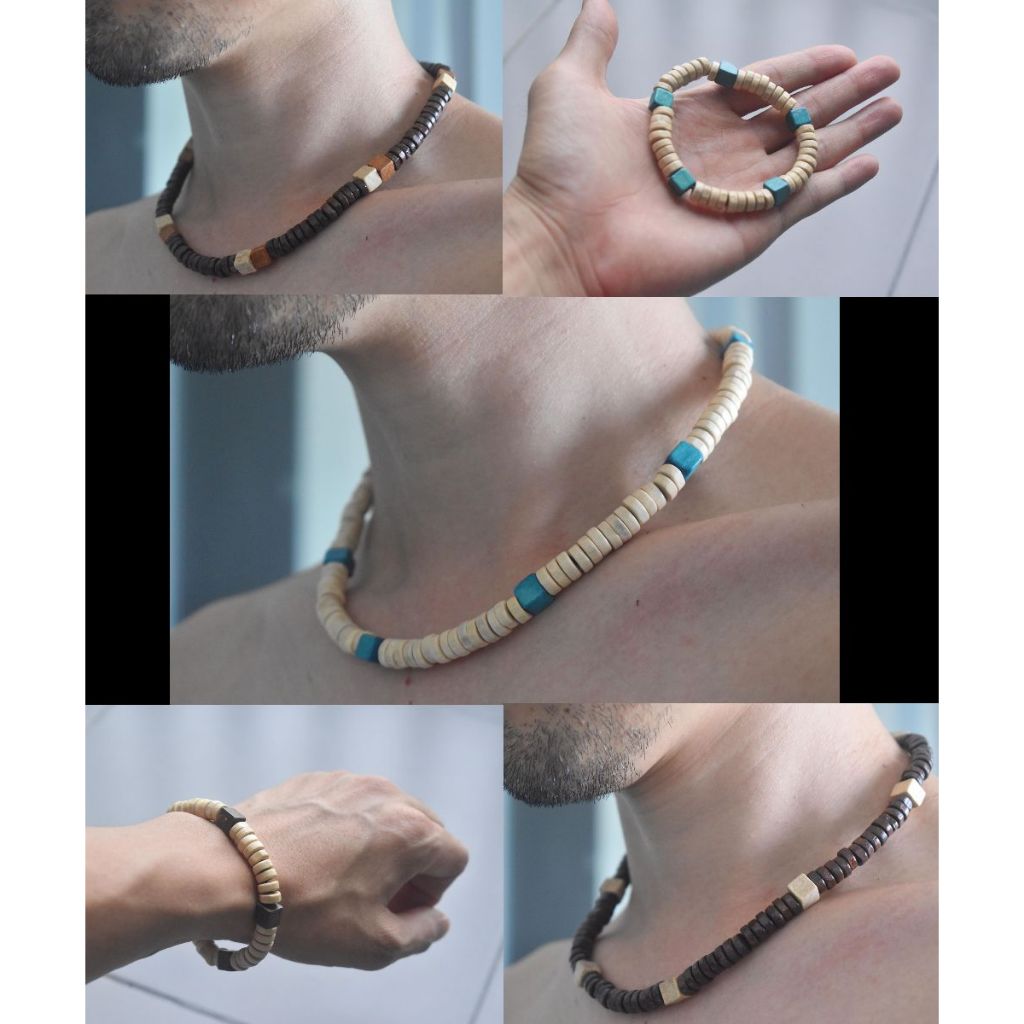 สร้อยคอไม้มินิมอล สร้อยข้อมือ โทนน้ำตาล ครีม ชมพู ฟ้า น้ำหนักเบา จัดส่งจากประเทศไทย ลูกปัดสี่เหลี่ยม