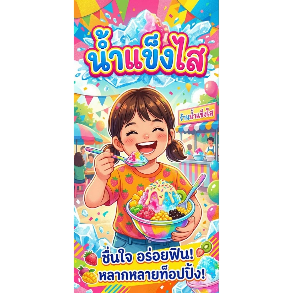 ป้ายไวนิลสำเร็จรูปขายน้ำแข็งใสขนาดแนวตั้งพร้อมพับขอบตอกตาไก่หรือร้อยท่อให้ฟรี