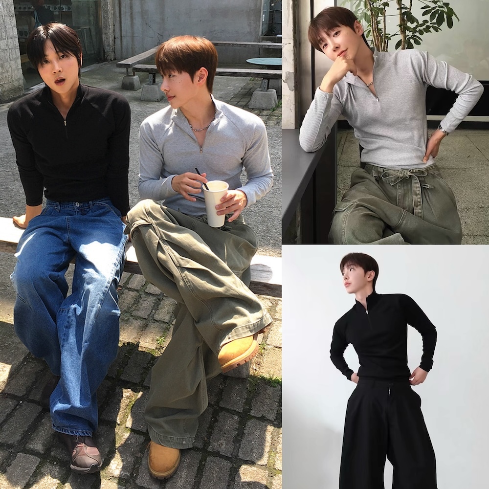 เสื้อยืดแขนยาวคอสูง ปกซิป ผ้าร่องแบบหนา ทรงเข้ารูป สไตล์เกาหลี L135