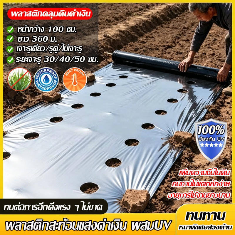 🌱พลาสติกคลุมดิน 1ม.x360ม ดำเงิน ผสมUV พลาสติกคลุมแปลง ผ้ายางคลุมดิน กันวัชพืช ปลูกผัก ผ้ายางคลุมวัชพืช