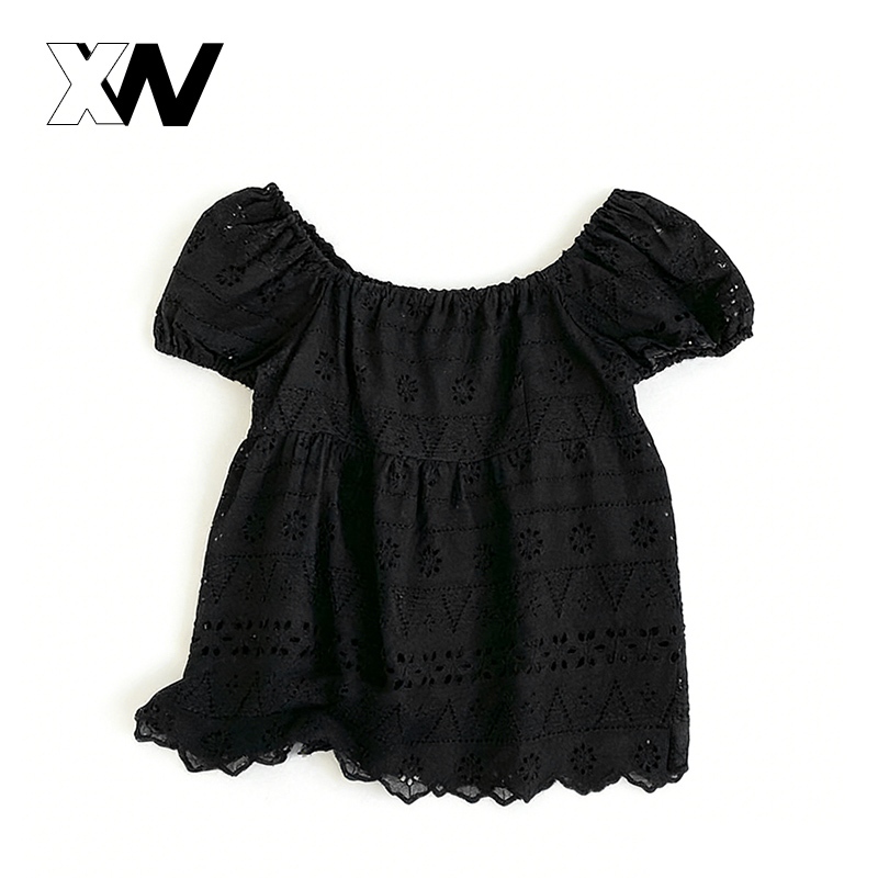 XWbrand เสื้อเบลาส์ แขนสั้น แขนพอง แขนตุ๊กตา สไตล์ฝรั่งเศส เพิ่มความหวานความน่ารัก ดีไซน์ผ้าลายฉลุ คอเหลี่ยม