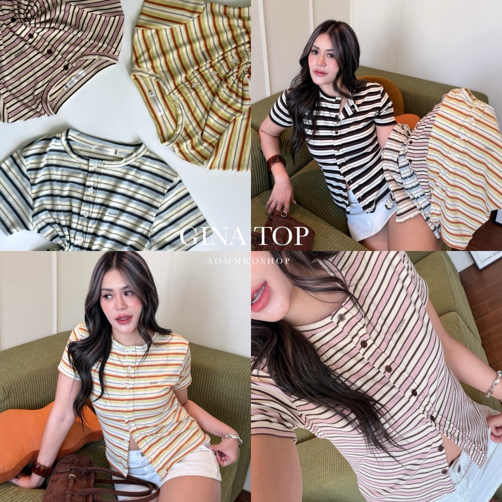 GINA TOP เสื้อยืดแขนสั้นลายทางกระดุมหน้า เย็บแต่งงานอะไหล่ (Size M,L) ผ้าร่องนิ่มยืดได้เยอะใส่สบาย AOMMKOSHOP-118