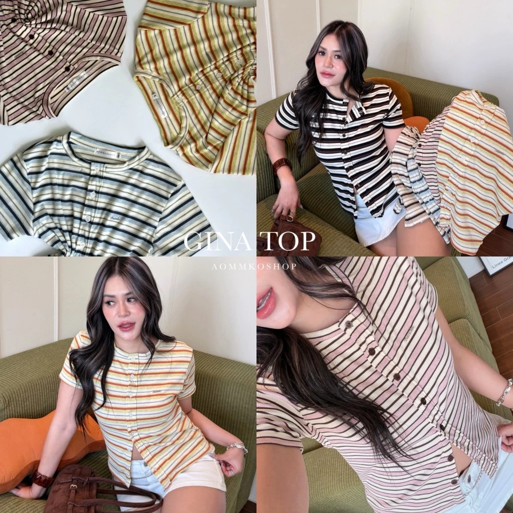 GINA TOP เสื้อยืดแขนสั้นลายทางกระดุมหน้า เย็บแต่งงานอะไหล่ (Size M,L) ผ้าร่องนิ่มยืดได้เยอะใส่สบาย AOMMKOSHOP-118