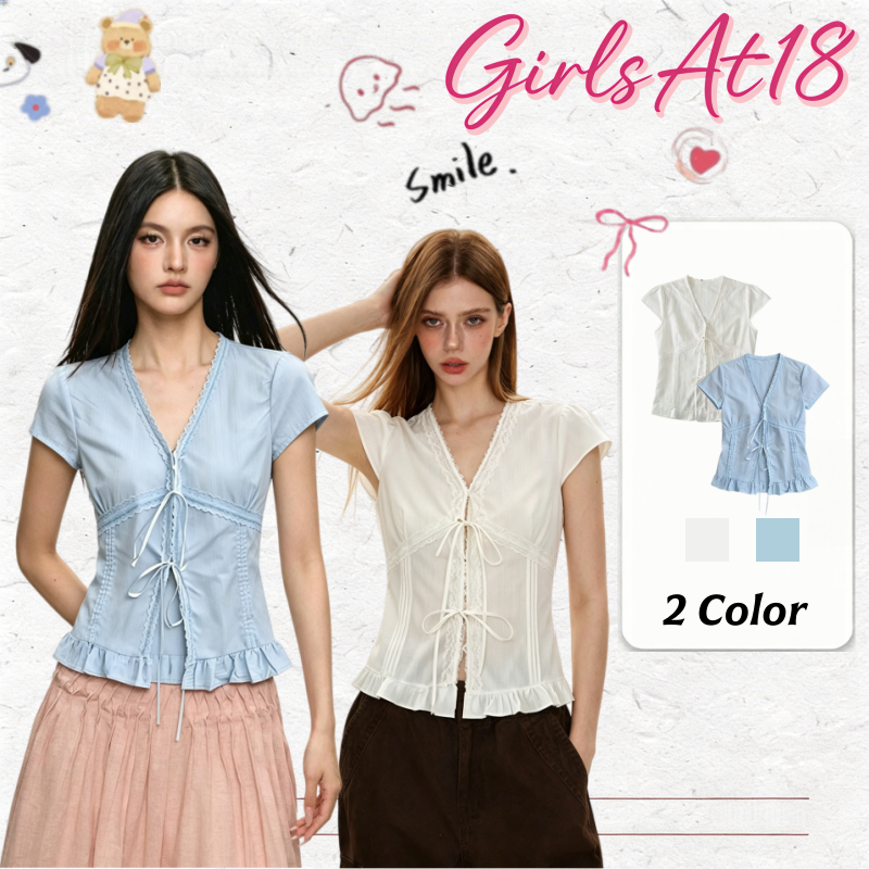 GirlsAt18 พร้อมส่ง🍒 เสื้อครอปผ้านุ่มสบาย ลูกไม้คอวีแขนสั้น สไตล์เกาหลี ใส่สบาย เหมาะกับทุกโอกาส สำหรับสาวๆ