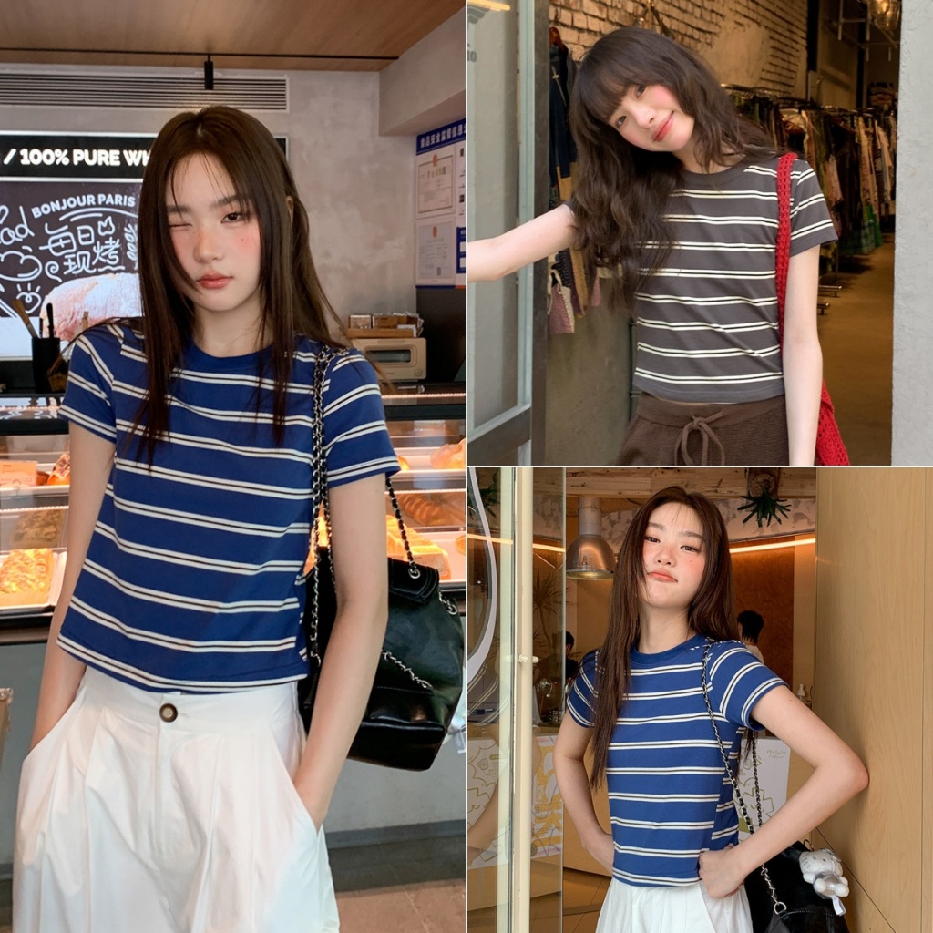 cherryshop พร้อมส่ง เสื้อยืดลายทางผู้หญิง คอกลมสไตล์เรโทร ดีไซน์ลายทางสีตัดกันเรียบง่าย เสื้อยืดสไตล์เกาหลีลำลอง