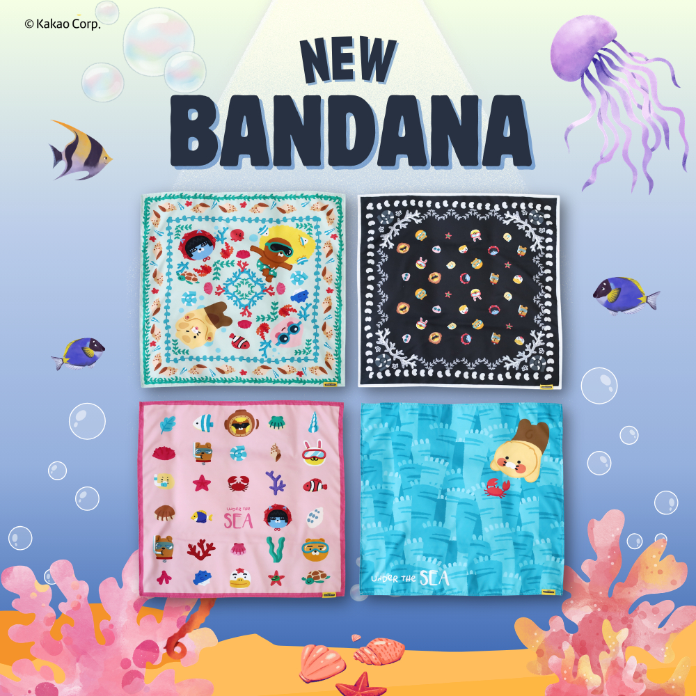 ใหม่ Kakao Friends ผ้าโพกศีรษะ ผ้าเช็ดหน้า ขนาด 24x24 นิ้ว Collection Under the Sea