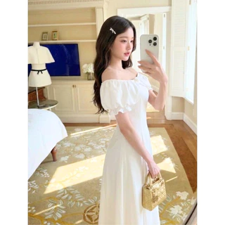 【S-5XL】 เดรสยาว ปาดไหล่ ดีเทลเข็มกลัดดอกไม้ ระบายพองฟูรอบคอสไตล์เจ้าหญิง ทรงเอไลน์ ใส่ออกงาน งานแต่ง