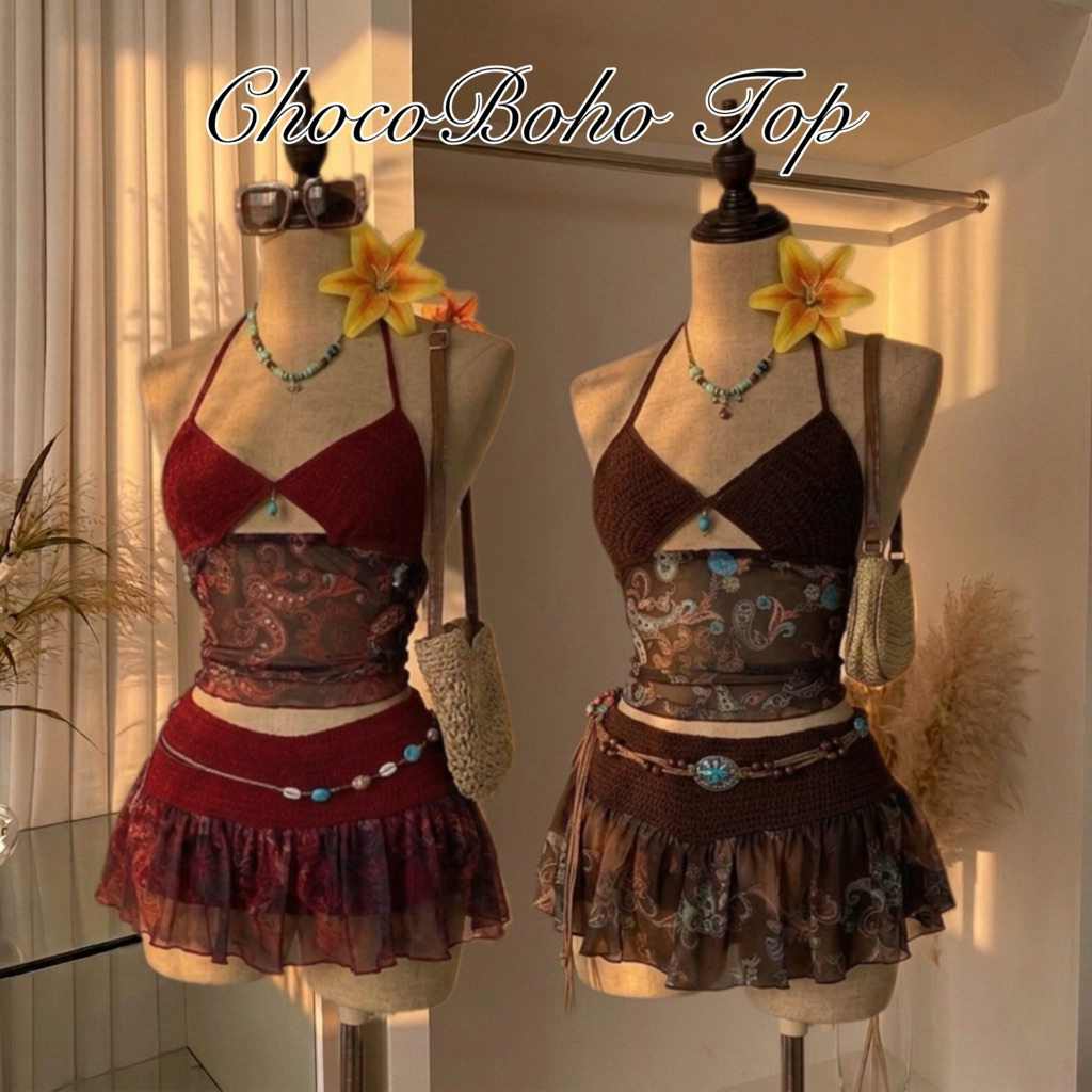 ChocoBoho top✨ชุดเซ็ท 2 ชิ้น เสื้อผ้าผู้หญิง สายเดี่ยวผู้หญิง เสื้อ+กระโปรงสไตล์โบฮีเมียน ชุดไปทะเล ไม่รวมเข็มขัด