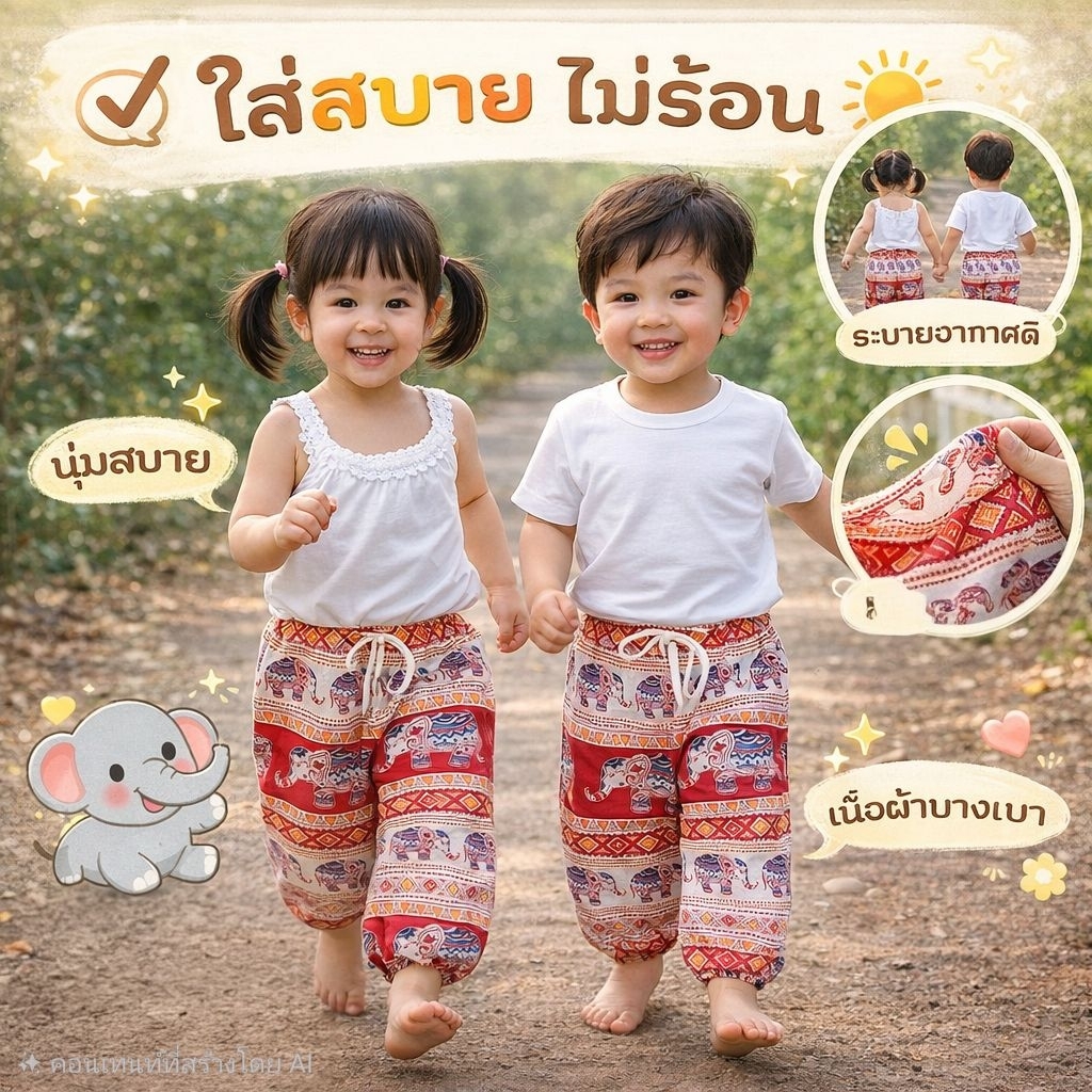กางเกงเด็กลายช้างไทย ปลายขาจั๊ม 💥 อายุ 1-6ขวบ ผ้านุ่มลื่นงานไทย🇹🇭คุณภาพดีราคาถูกถ่ายงานจริง