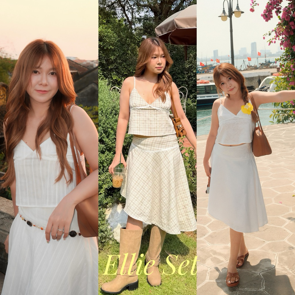Jiwliw | Ellie Top & Ellie Skirt เสื้อสายเดี่ยวลูกไม้ กระโปรงยาวปลายเฉียง ชุดเซ็ทใส่ไปทะเล Soft girl