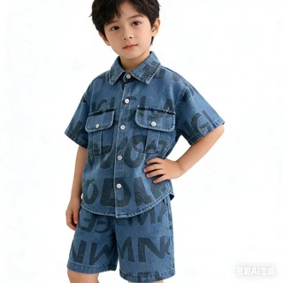 BB238 เซ็ตเสื้อผ้าเด็กยีนส์ เสื้อเชิ้ตกระดุมหน้า+กางเกงขาสั้น ลายอักษร แฟชั่นเด็ก
