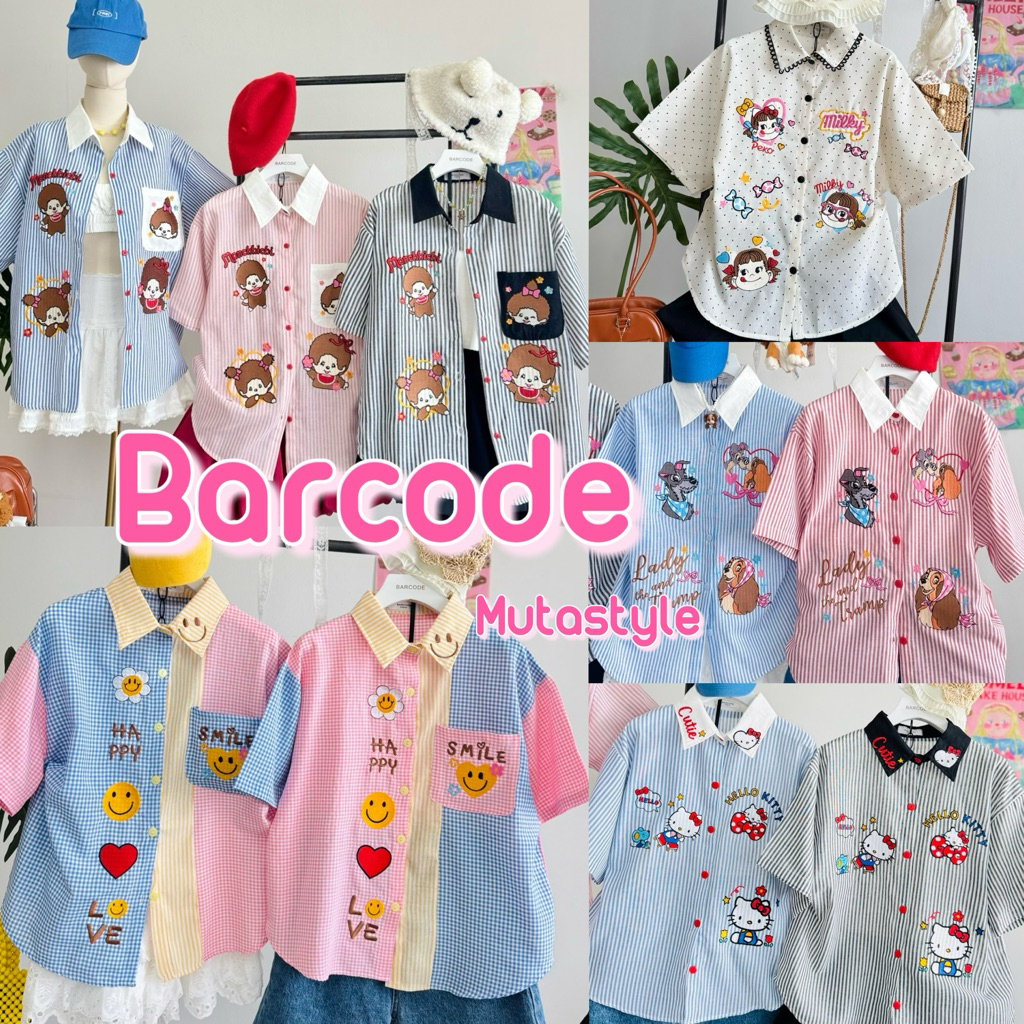 ◡̈ เสื้อเชิ้ตป้ายBarcode งานปักน่ารักๆ ผ้าลินิน/อก44“