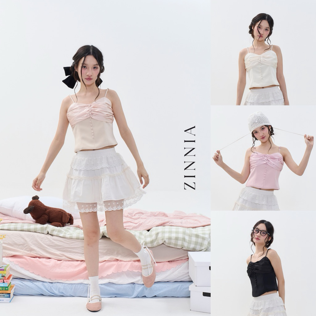 ZINNIA TOP (เฉพาะเสื้อ) เสื้อสายเดี่ยวผ้านิ่มอัดกาว ทรงสวยเป๊ะ แต่งดีเทลผ้าซาตินจับย่นด้านหน้า