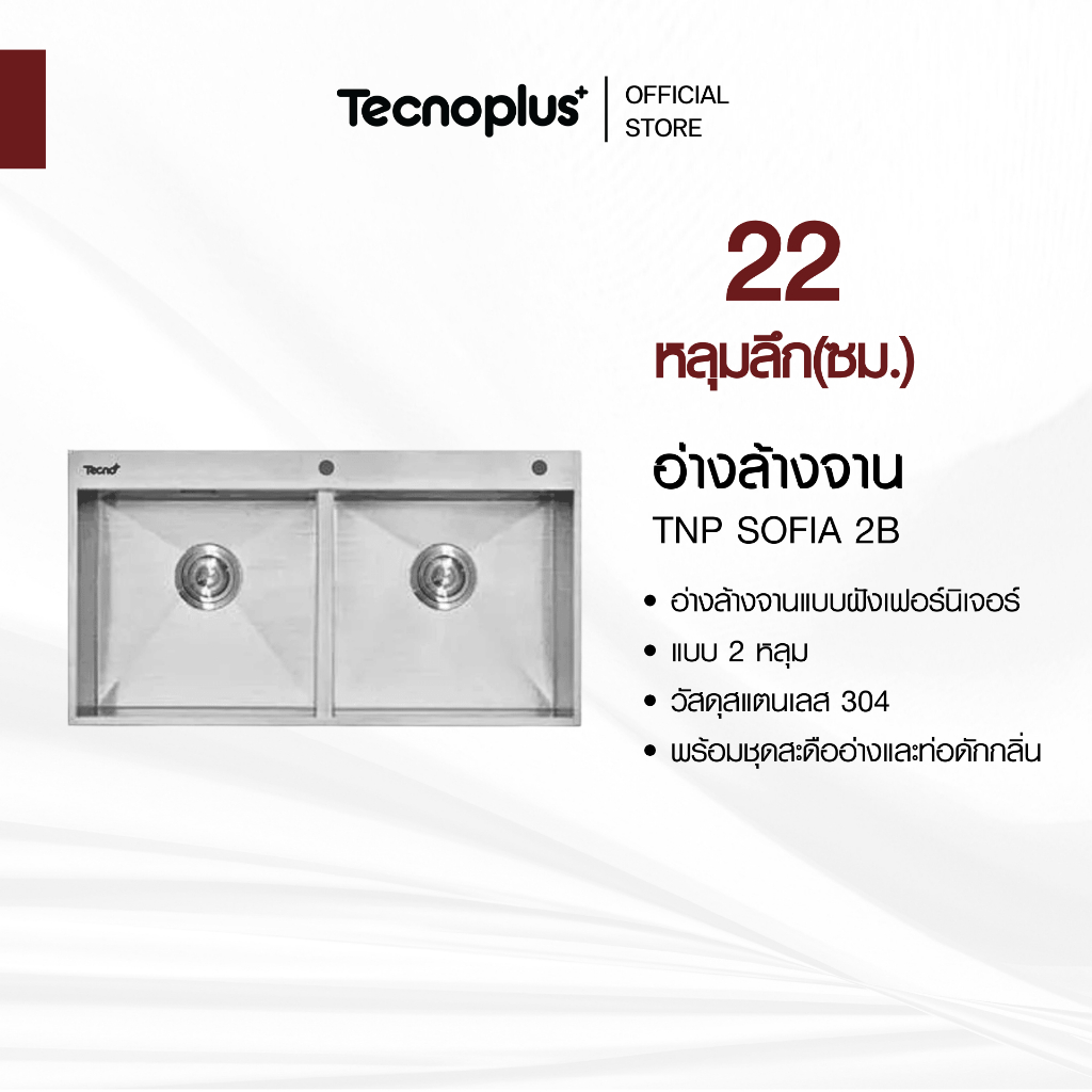 อ่างล้างจาน 2 หลุม แบบฝัง Tecnoplus รุ่น TNP SOFIA 2B ขนาด 116 ซม. ลึก 22 ซม. แถมฟรี เครื่องกรองน้ำใช้