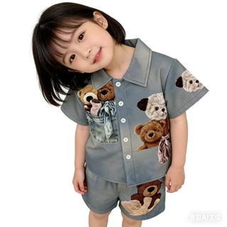 MC239 ชุดเด็กยีนส์เทียม แต่งตุ๊กตาหมี เสื้อผ้าเด็กน่ารัก ใส่ออกงาน ใส่เที่ยวได้