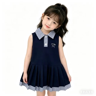 MC244 เดรสเด็กหญิงทรงเจ้าหญิง คอปกน่ารัก ผ้าใส่สบาย สีขาว กรมท่า
