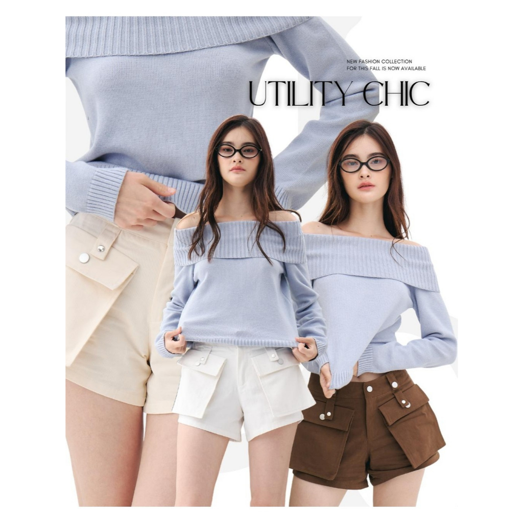 BCSP07 Utility Chic - กางเกงคาร์โก้ เอวกลาง ขาสั้น