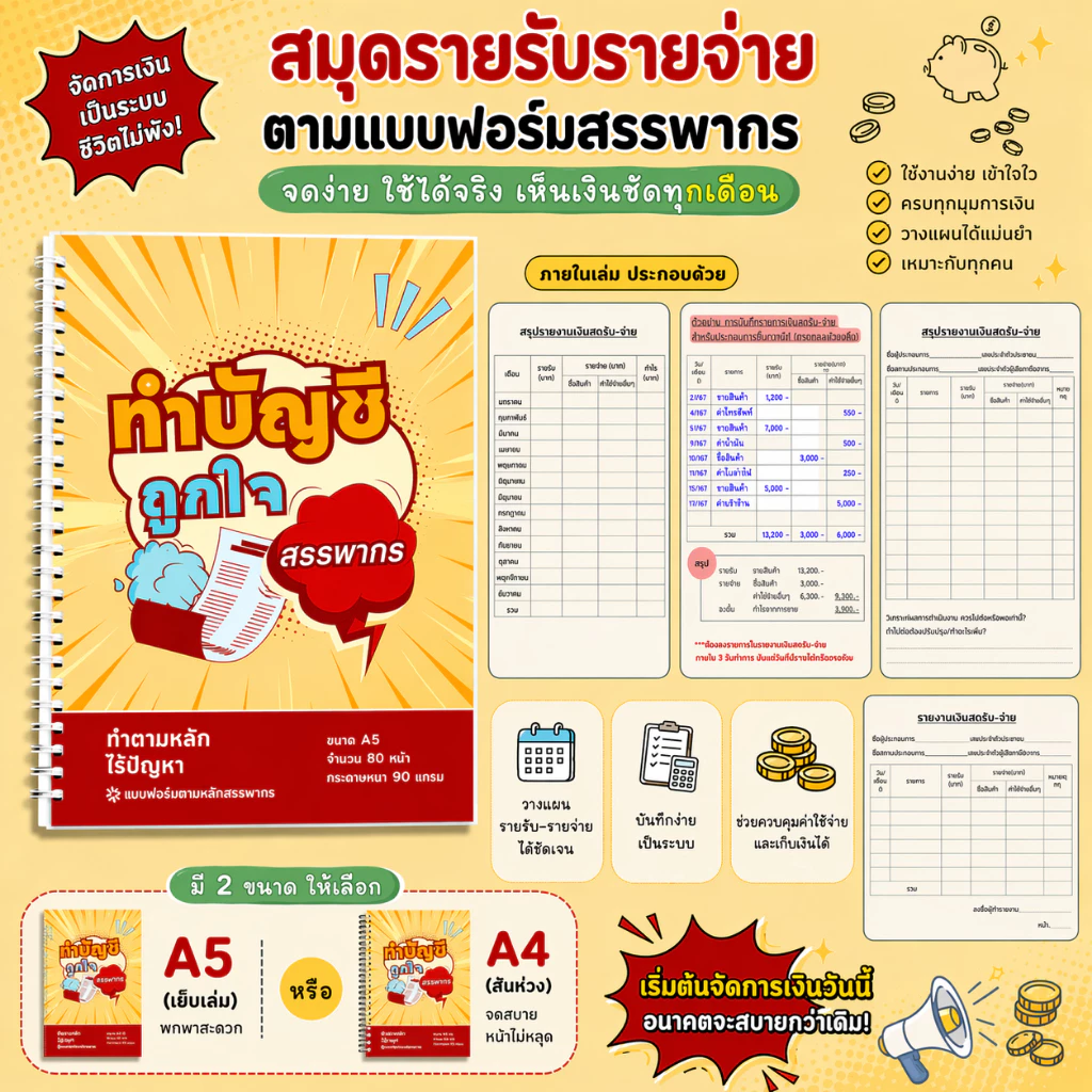 สมุดบัญชี สมุดรายงานรับจ่ายเงินสด แบบฟอร์มสรรพากร 80 หน้า สำหรับแม่ค้าออนไลน์