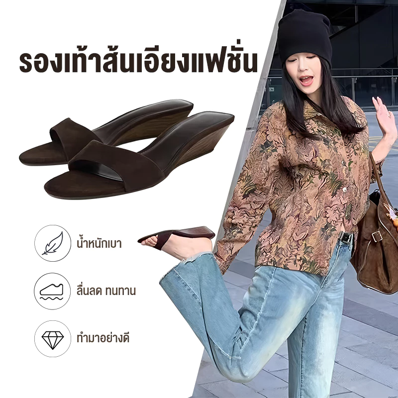 1.57 นิ้ว รองเท้าแฟชั่นสำหรับผู้หญิง รองเท้าแตะแบบเปิดหัวทรงกลม ส้นสูงแบบส้นเข็ม 36 - 41 รองเท้าส้นสูง 4 ซม หนังกลับ