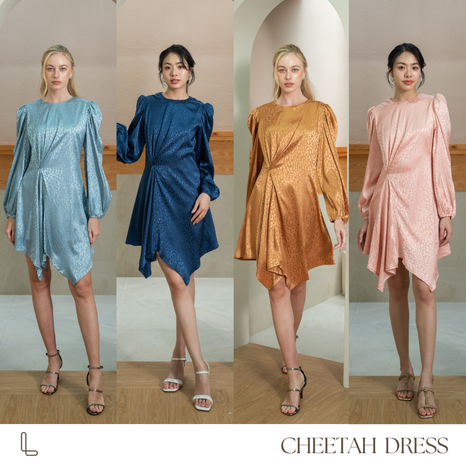 (SALE) TheLoopBangkok| Cheetah Dress เดรสแขนยาวสำหรับออกงาน ผ้าซาตินหรูหรา