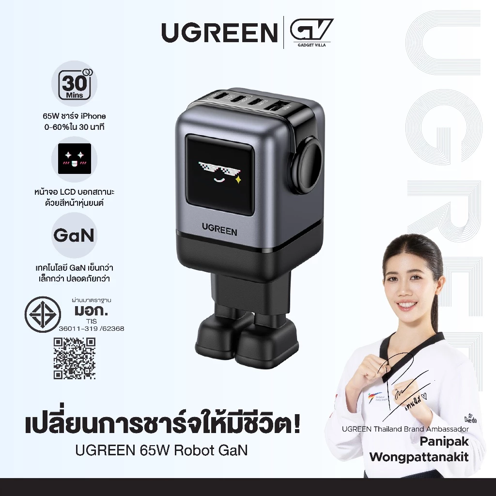 UGREEN หัวชาร์จ หุ่นยนต์ UNO100W 3C1A RobotGaN Tech Fast Charger รองรับ PD/QC (Thai Plug) รุ่น 65883