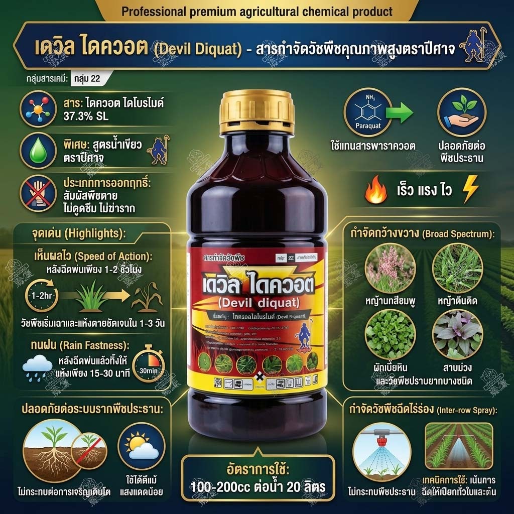 เดวิล ไดควอต 1 ลิตร ยกลัง 12 ขวด กำจัดหญ้า ทุกชนิด เผาไหม้ กำจัดหญ้า ใบแคบ ใบกว้าง ไดควอตไดโบรไมด์